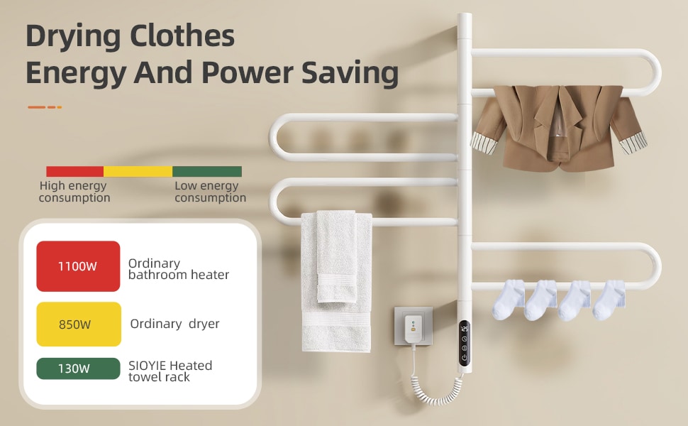 SIOYIE Electric Towel Warmer 180° Rotating Heated Towel Rack With 1-9H Timer 115℉-155℉,135W Wall-Mounted 8 Bars Electric Towel Rail, Concealed Installation,Towel Warmer For Bathroom White_voghion.com